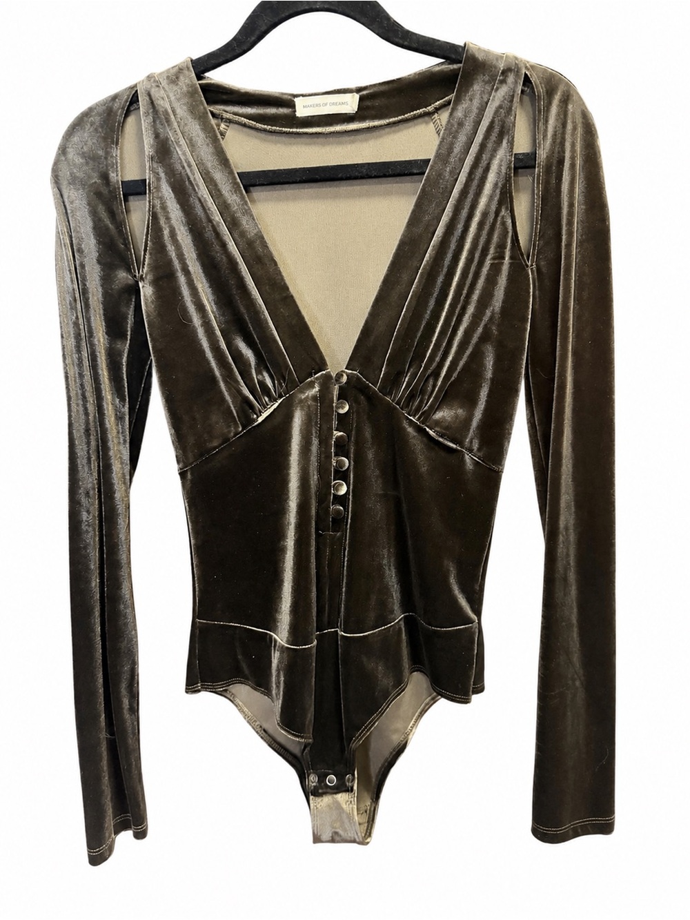 Makers of Dreams Olive Velvet Button-Front Bodysuit Top